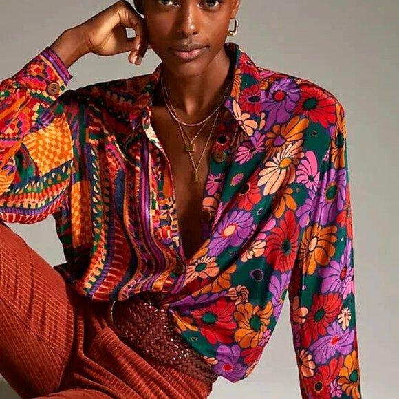 Farm Rio Anthropologie S NWT Classic Button Down Shirt Floral Tropical Blouse - Picture 7 of 9